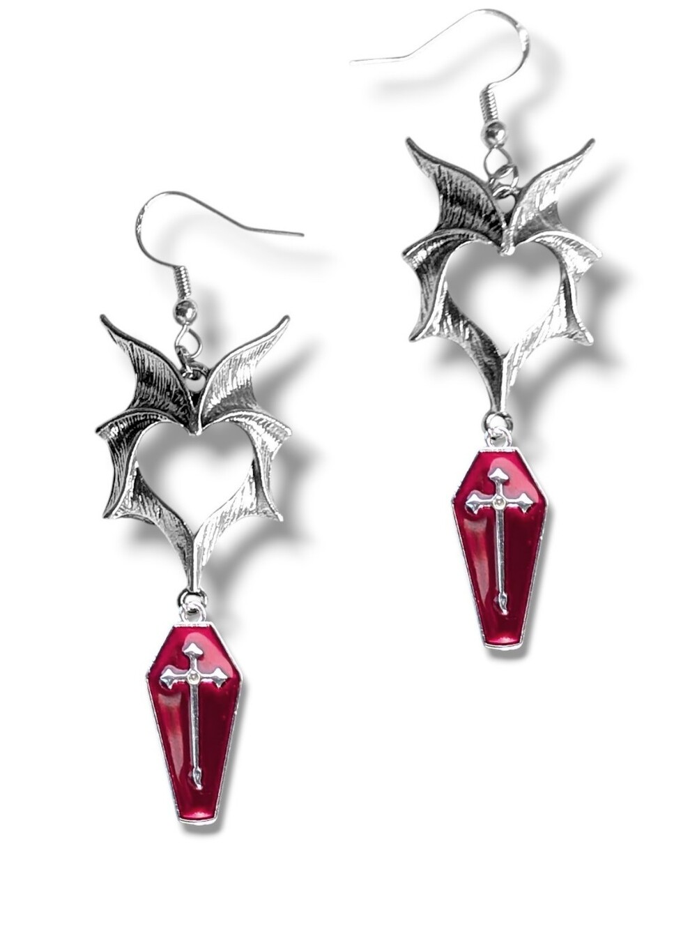 NWT Handmade Silver Bat Wing Earrings with Dangly Red Coffin